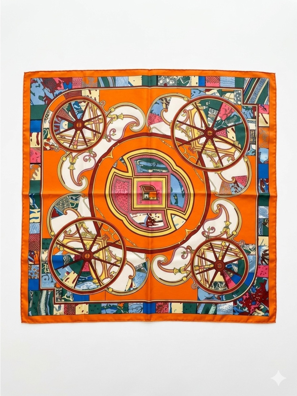 Vibrant Orange Silk Scarf with Carriage and Wheel Motif Size 23"X23.5"